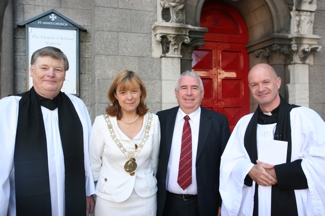 Pictured arriving for the harvest thanksgiving service in St Anns, Church, Dublin is the Lord Mayor of Dublin, Cllr Emer Costello and her husband Joe Costello TD (centre left and right). They are pictured with the Mayor's Chaplain for the service, the Revd Willie Black (left) and the Vicar of St Ann's, the Revd David Gillespie (right). The service also marked the official re-opening of St Ann's after several month's of refurbishment.