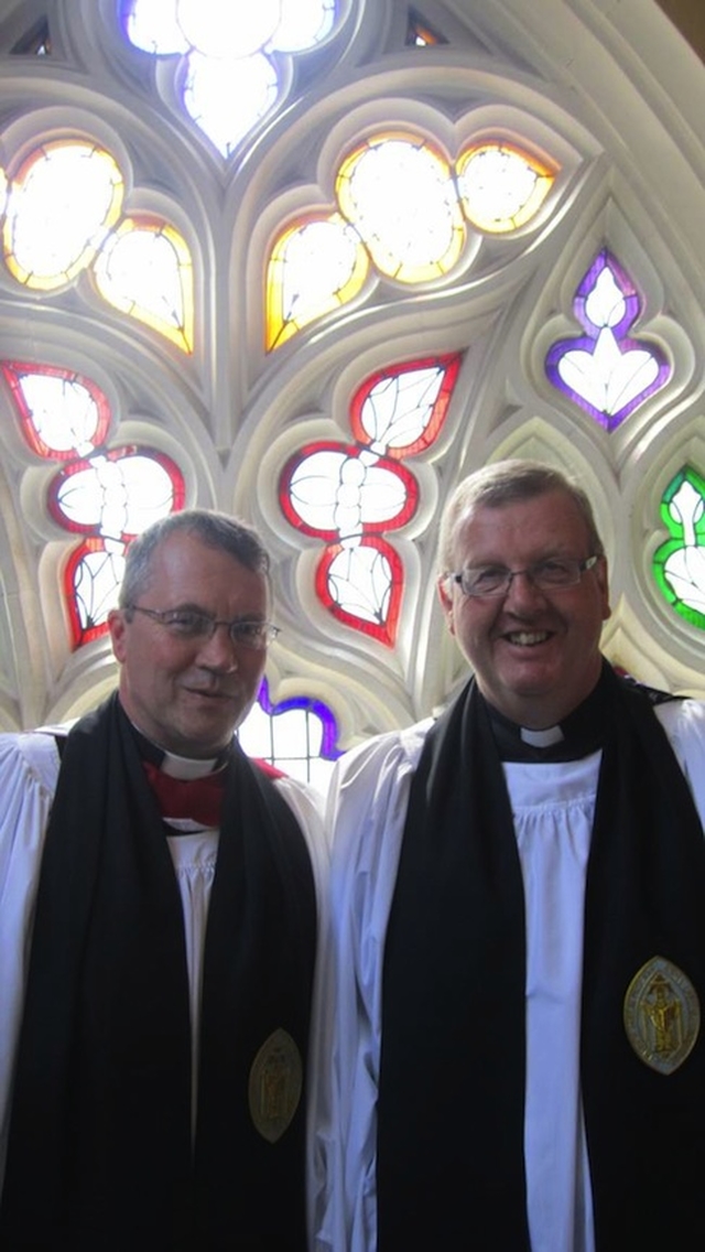 The newly-elected Prebendary of Tassagard, the Revd Ian Poulton and the Revd Glenn West, the newly appointed Prebendary of Donaghmore, pictured following their Installations in St Patrick’s Cathedral, Dublin. The latter will represent the Diocese of Clogher on the Cathedral Chapter. Photo: Louis Parminter. 