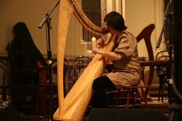 The Revd Anne-Marie O'Farrell playing the harp at An Evening of Music and Song, a concert in Sandford Parish Church.