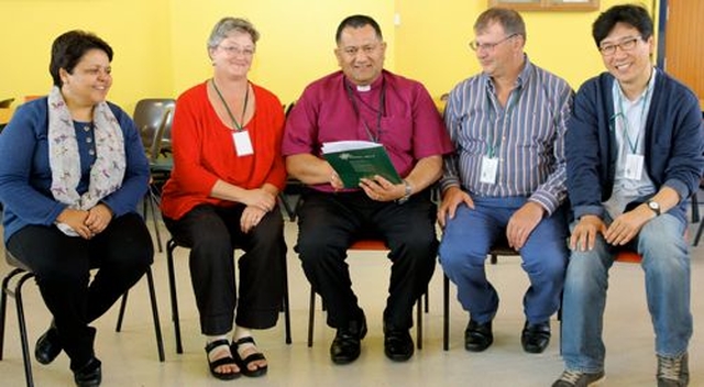 The steering committee of the International Anglican Liturgical Consultation’s Dublin meeting are pictured in the King’s Hospital, which is the venue for their conference this week. From left to right, the committee is: Cynthia Botha, Eileen Scully, Bishop Kito Pikaahu, Alan Rufli and Nak Hyou Joo.