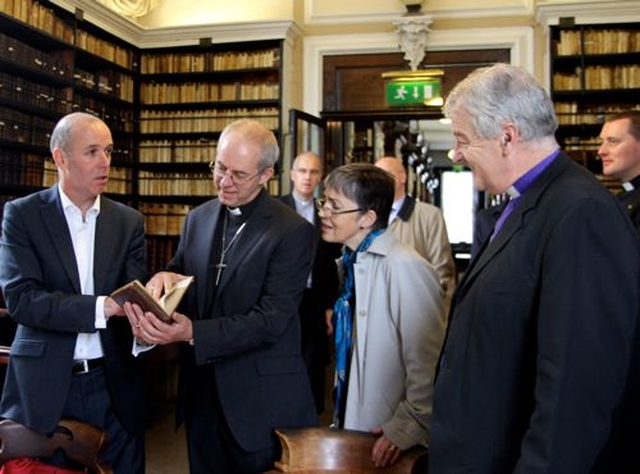 Dr Jason McElligott, Archbishop Justin Welby, Caroline Welby, and Archbishop Michael Jackson  in Archbishop Marsh’s Library during the Dublin leg of the Archbishop of Canterbury’s visit to the Church of Ireland.