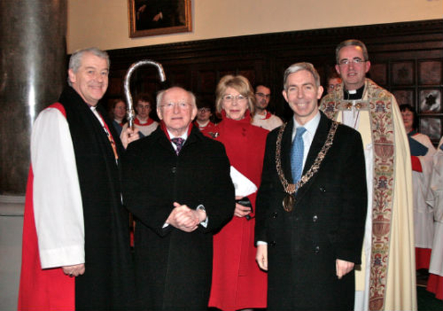 President Michael D. Higgins and his wife, Sabina, with the Archbishop of Dublin, the Most Revd Dr Michael Jackson, the Lord Mayor of Dublin, Andrew Montague and the Dean of Christ Church Cathedral, the Very Revd Dermot Dunne following the service of solidarity for people struggling with recession. Pic: David Wynne.