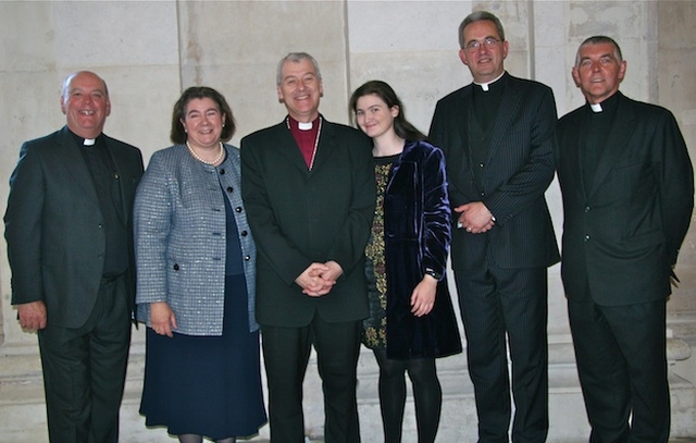 The Ven Ricky Rountree, Archdeacon of Glendalough; Inez Jackson; the Most Revd Dr Michael Jackson, Archbishop of Dublin and Bishop of Glendalough; Camilla Jackson; the Very Revd Dermot Dunne, Dean of Christ Church Cathedral; and the Ven David Pierpoint, Archdeacon of Dublin, pictured at the reception in Dublin City Hall following Archbishop Jackson's enthronement in Christ Church Cathedral.