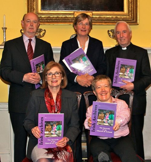 Back row: Dr Raymond Refaussé, Dr Susan Hood, Dean Victor Stacey. Front row: Minister Jan O’Sullivan and Ms Elizabeth McEvoy at the launch of Irish Archives 2014 in the Deanery of St Patrick’s Cathedral, Dublin.