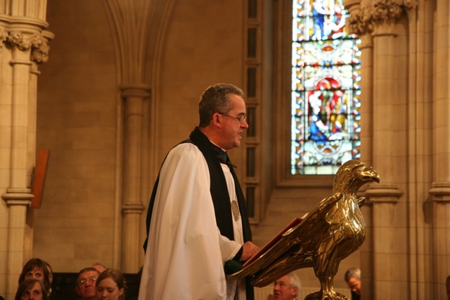 The Dean of Christ Church, the Very Revd Dermot Dunne reading the Gospel at Evensong in the Cathedral marking the foundation of the Christ Church Cathedral Past Choristers Association.