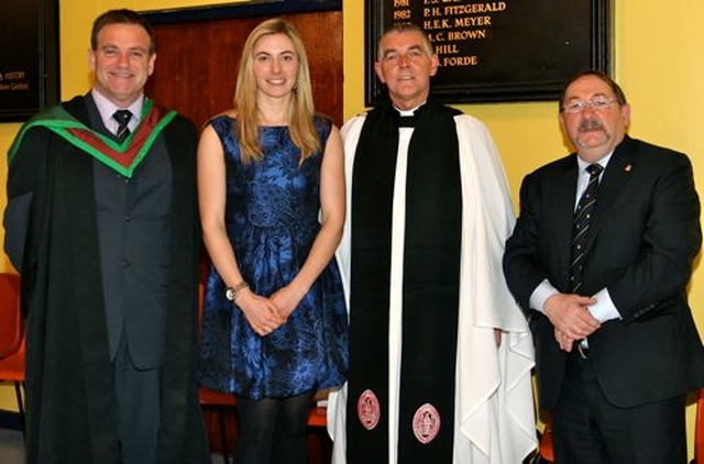 Headmaster of The King’s Hospital, Michael Hall; Olympic athlete and past pupil, Natalya Coyle; Archdeacon of Dublin, the Ven David Pierpoint; and chairman of the board of governors, William Maxwell following the school’s Charter Day Celebrations. 