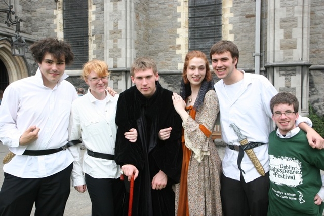 Pictured are members of the Dublin University Players who performed a scene from Richard III in Christ Church Cathedral as part of the Dublin Shakespeare Festival. They are (left to right) Chris O'Connor and Alannah Nic Phaidin (both Guards), Eoin O Liatháin (Richard III), Clancy Flynn (the Lady Anne), Nick Murphy (Guard) and Fergus Rattigan (King Henry VI).