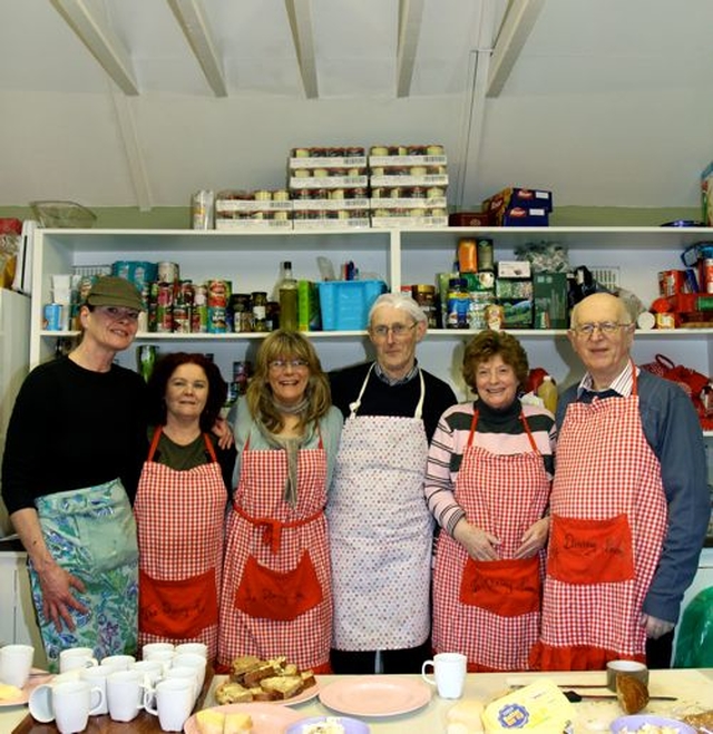 Volunteers Caroline Blennerhassett, Rosie Breen, Kathy Grace, John O’Reilly, Violet Cathcart and Tony McCarthy helping out in the kitchen of The Dining Room at Christ Church, Dun Laoghaire. The outreach project has just celebrated its first year in action. 