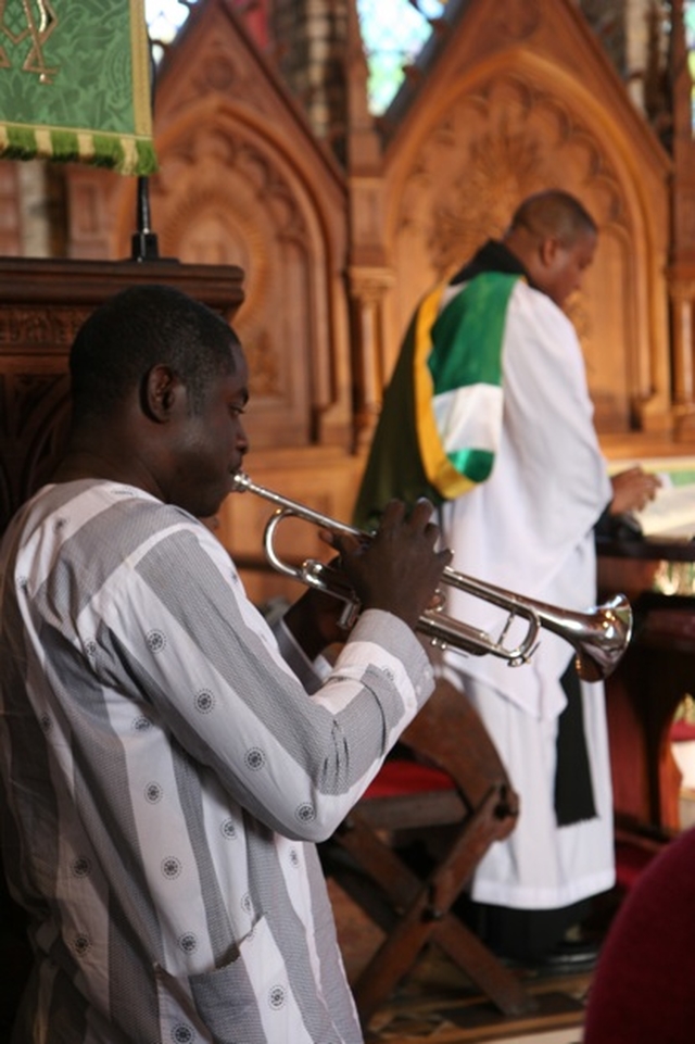 Oto Lorin playing the trumpet at the special thanksgiving service and reception for Mrs Abosede Olufunmilola Kuti, who celebrated her 50th Birthday recently in St Maelruain's Church in Tallaght.