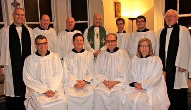 The newly commissioned student readers are pictured in the Church of Ireland Theological Institute with Archbishop Michael Jackson who licensed them, the director of the Institute, the Revd Dr Maurice Elliott, and lecturer in Missiology, the Revd Dr Patrick McGlinchey. The students are (not in order) Jim Cheshire (Down and Dromore), Denis Christie (Down and Dromore), David Compton (Cork, Cloyne and Ross), Suzanne Cousins (Down and Dromore), Raymond Kettyle (Kilmore, Elphin and Ardagh), Chris McBruithin (Derry and Raphoe), Scott McDonald (Connor) and Peter Smith (Down and Dromore).