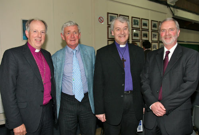 Former East Glendalough School chaplain, Bishop Ken Good; chairman of the school board, Geoffrey Perrin; Archbishop Michael Jackson; and former school principal, Peter Shearer, at the 25th anniversary celebrations of the Wicklow school’s foundation. 