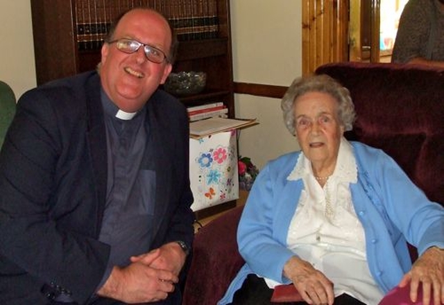 Bray parishioner, Kathleen Mustard, celebrated her 100th birthday recently. Kathleen is pictured with the rector of Bray, Revd Baden Stanley.