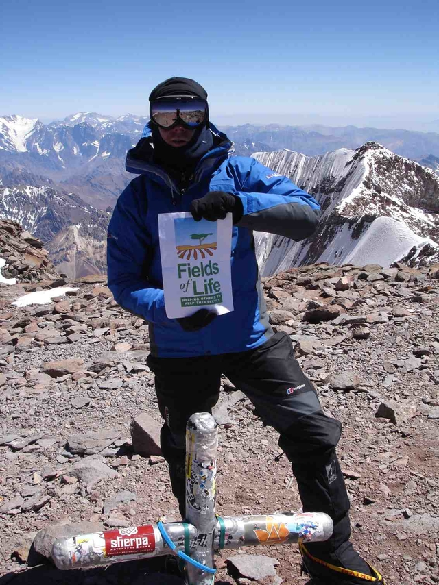 Graham Kinch from Dun Laoghaire on the summit of Cerro Aconcagua (22,841 ft), the highest mountain in the world outside Asia. He and fellow CORE congregant Ian Taylor from Leixlip are presently undertaking a climb of four peaks in aid of the Fields of Life Project. The two will shortly undertake their final and most challenging peak, Mount Everest.