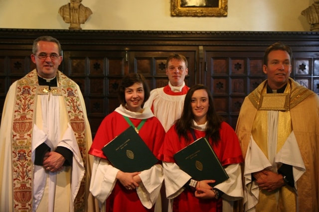 Pictured are two members of the Christ Church Cathedral Girls Choir who received awards from the Royal School of Church Music at Evensong in the Cathedral. A further six members of the Choir of Christ Church Cathedral received awards in absentia. They are pictured with the Dean of Christ Church, the Very Revd Dermot Dunne (left), the Precentor of the Cathedral, the Revd Canon Peter Campion and the Cathedrals Music Development Officer, Peter Parshall. 