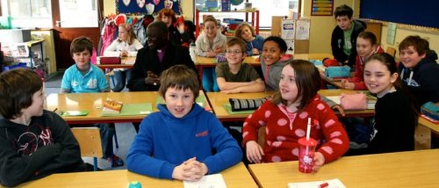 Bishop Hilary Adeba of Yei in South Sudan takes his place in 4th class during his visit to Delgany National School. Delgany is one of the Diocese of Yei’s partner parishes in Ireland. 