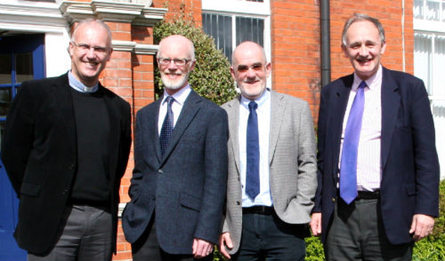 Church of Ireland Theological Institute director, Rev Dr Maurice Elliot with the three speakers at the Biblical Association for the Church of Ireland’s symposium on the Bible in the Church of Ireland: Professor Gordon McConville, Professor of Old Testament Theology at the University of Glouscestershire; Stephen Lyon, coordinator of the Anglican Communion’s ‘Bible in the Life of the Church’ project; and Professor David Ford, Regius Professor of Divinity at the University of Cambridge. 