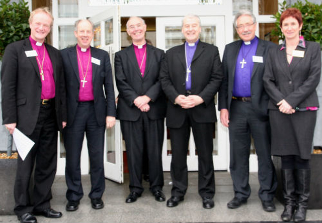 The organisers of the Bishops’ Conference on Human Sexuality in the Context of Christian Belief outside the Slieve Russell Hotel in Cavan. Pictured L–R are: The Bishop of Tuam, Killala and Achonry, the Right Revd Patrick Rooke; the Bishop of Derry and Raphoe, the Right Revd Kenneth Good; the Archbishop of Armagh, the Most Revd Alan Harper, the Archbishop of Dublin, the Most Revd Dr Michael Jackson; the Bishop of Limerick, the Right Revd Trevor Williams; and secretary to the House of Bishops, Mrs Karen Seaman. 