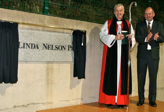 Archbishop of Dublin, Dr Michael Jackson and East Glendalough Principal, Alan Cox, at the blessing of the new Astroturf hockey pitch at the school in Wicklow town. The pitch was dedicated to the memory of Dr Linda Nelson, who had been a hockey and science teacher at the school. 