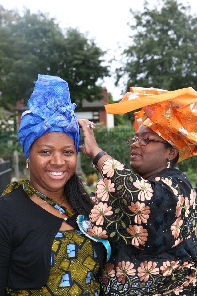Making final adjustments at the Discovery Harvest in Castleknock, Doris Ogodo (left) and Sussy Komolafe.