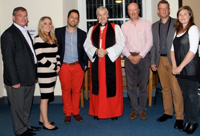 Nigel Reid, Becky Cooney, the Revd Craig Cooney, Archbishop Michael Jackson, Andrew McNeile, the Revd Rob Jones and Dilys Jones following the service marking the 20th anniversary of St Catherine’s Church (CORE), Thomas Street, Dublin, on Sunday September 8. 