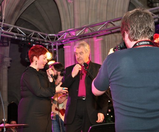 Susie Keane of 3Rock Youth chats with the Archbishop of Dublin Dr Michael Jackson at Essential in Christ Church Cathedral. 