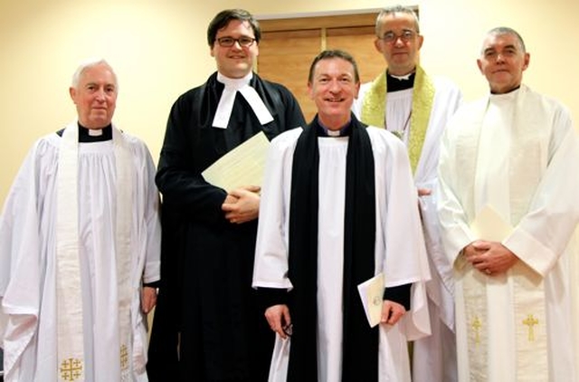 The Revd Arthur Young (centre) was instituted as the new rector of Kill O’ The Grange Parish on April 18. He is pictured with the Dean of St Patrick’s Cathedral, the Very Revd Victor Stacey; the Diocesan and Provincial Registrar, the Revd Stephen Farrell; the Dean of Christ Church Cathedral, the Very Revd Dermot Dunne and the Archdeacon of Dublin, the Ven David Pierpoint. 