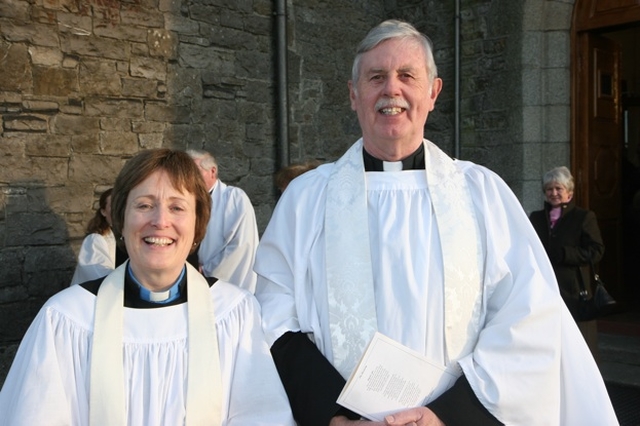 Pictured following a special Eucharist to give thanks for 200 years of the current Church building at St Brigid's Castleknock are visiting Clergy, the Revd Adrienne Galligan, Rector of Crumlin and Chapelizod and the Revd Ken Sherwood, Curate of Malahide.