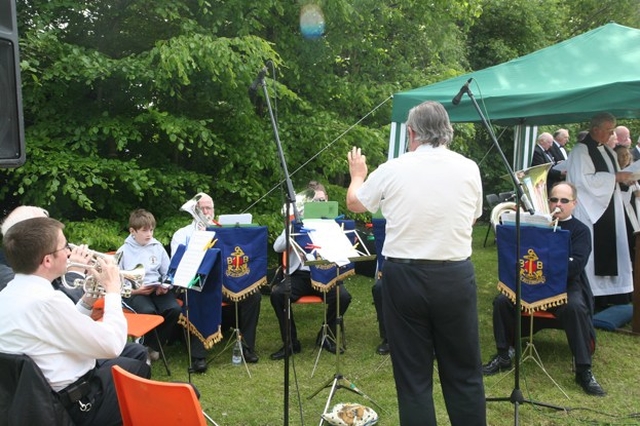 The Boys Brigade Band playing at the outdoor ecumenical service in St Doulagh's, Balgriffen, Co Dublin.