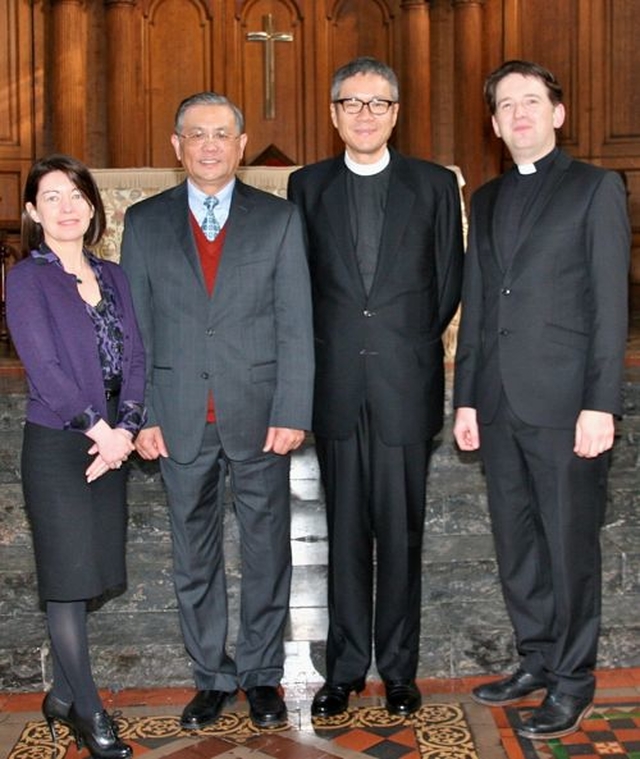 Professor Linda Hogan, Vice Provost of Trinity College Dublin; Elder Fu Xianwei, the Chairperson of National Committee of Three–Self Patriotic Movement of the Protestant Churches in China; the Revd Peter Koon, Provincial Secretary General of the Hong Kong Sheng Kung Hui (Anglican Province of Hong Kong); and the Revd Darren McCallig, Dean of Residence and Church of Ireland Chaplain at Trinity College Dublin in the Trinity College Chapel following Morning Prayer. 