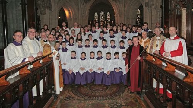 The combined choirs of Christ Church Cathedral, Dublin and St Peter’s Roman Catholic Cathedral in Belfast who performed together at a special cross border, ecumenical service in Christ Church Cathedral on St Patrick’s Day. (photo: David Wynne)