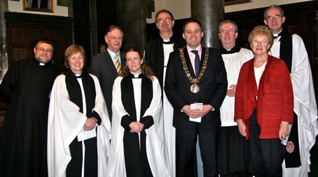 Clergy who attended the Inter Church Service in Irish organised by Cumann Gaelach na hEaglaise and Pobal on Aifrinn in Christ Church Cathedral with the Bishop of Cashel and Ossory, the Rt Revd Michael Burrows; the Lord Mayor of Dublin, Naoise Ó Muirí; chairperson of Cumann Gaelach na hEaglaise, Dáithí Ó Maolchoille; and Bláthnaid Ó Brádaigh of Pobal an Aifrinn.