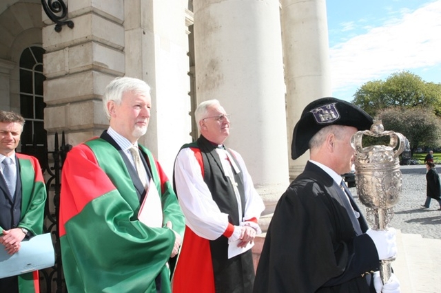 The Provost of Trinity College Dublin, Professor John Hegarty with the Archbishop of Dublin, the Most Revd Dr John Neill at the Trinity Monday Service of Commemoration and Thanksgiving at which the Archbishop preached. Also pictured is Ken Gregg carrying the College Mace.