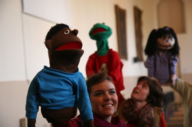 Roisin Dexter gets to work with a puppet at the seminar on the use of puppets in children's ministry at the Building Blocks Conference in All Hallows college organised by the Sunday School Society.