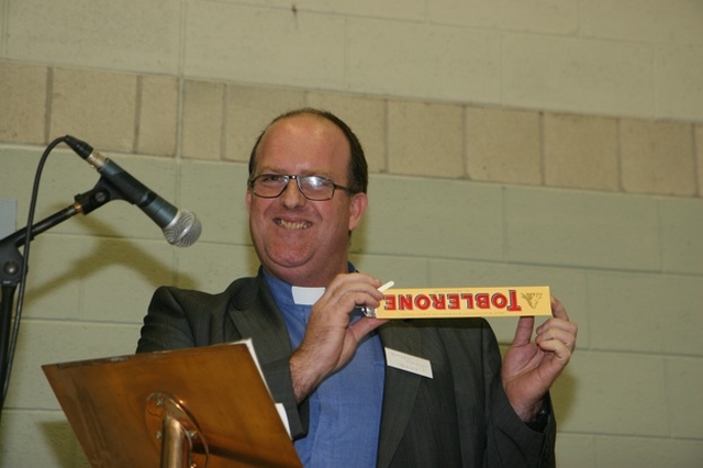 The Revd Baden Stanley (Bray) tries product placement while seconding the Ministry of Healing report at the Dublin and Glendalough Diocesan Synods in Christ Church, Taney.