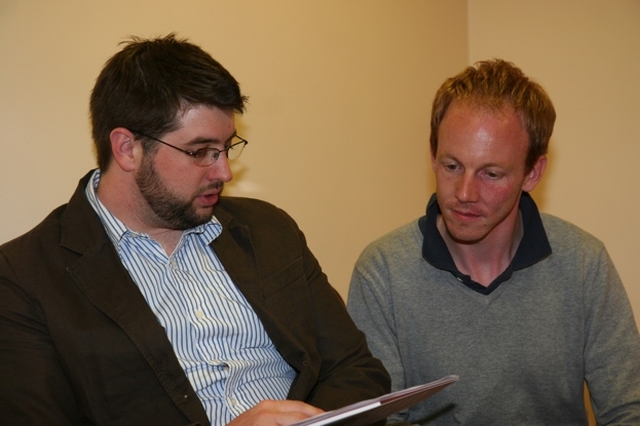 Niall Manogue (left) and James Price of CMS Ireland in discussion at their CMS Ireland Roadshow in Kill O'the Grange. CMS Ireland are undertaking a nationwide roadshow showcasing the work of the Mission Agency at home and abroad.