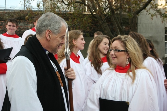 The Archbishop of Dublin, the Most Revd Dr Michael Jackson chatting with members of the Choir of Kings Hospital School following the annual service marking the beginning of the law term in St Michan’s Church, Dublin.