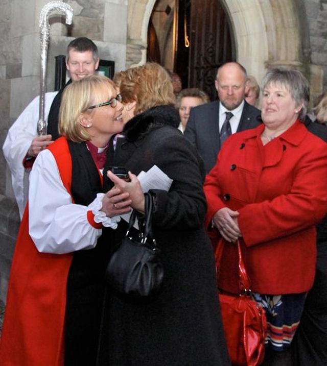 Bishop Pat Storey is congratulated by Evelyn Sloane (Taney) following her consecration as Bishop of Meath and Kildare in Christ Church Cathedral on Saturday November 30. 