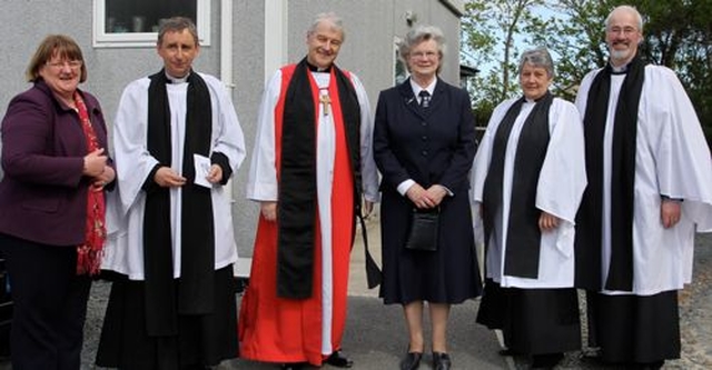 The Girls Friendly Society Diocesan Festival Service took place in Redcross on May 26. Pictured outside Trinity Hall are Amy Hourie, GFS administrator; rector of Dunganstown, Redcross and Conary, the Revd Roland Heaney; the Archbishop of Dublin, the Most Revd Dr Michael Jackson; the All Ireland President of the Girls Friendly Society, Sylvia Quinn; rector of Donoughmore and Donard with Dunlavin, the Revd Olive Henderson; and rector of Athy, the Revd Cliff Jeffers. 