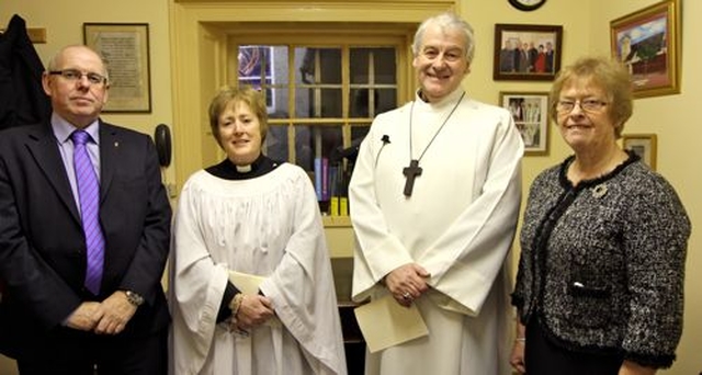 The new Rector of Rathfarnham, the Revd Adrienne Galligan with Archbishop Michael Jackson and church wardens Philip Daly and Barbara Wynne. 