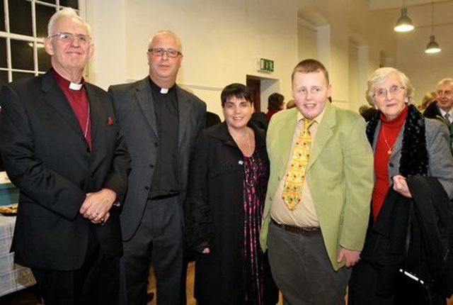 Former Archbishop of Dublin John Neill, the Revd Stephen Neill, his wife Nicola and son Aaron, and Betty Neill at Stephen’s institution as the new Rector of Celbridge, Straffan and Newcastle–Lyons.