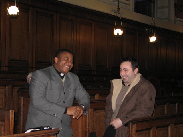 Sharing a joke at the launch of Mainland Chinese Students and Immigrant in Ireland and their Engagement with Christianity, Churches and Irish Society are the Diocesan Chaplain to the International Community, the Revd Obinna Ulogwara and Adrian Cristea of the Irish Inter-Church Committee on Social Issues (Parish Integration Project).