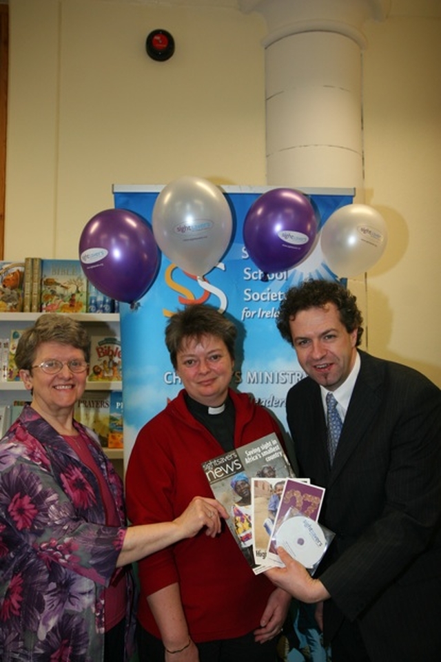 Pictured at the launch of the Sunday School Society's Sightsavers Project is Heather Wilkinson, Chairperson of Sunday School Society, the Revd Anne Taylor, Children's Ministry Officer with the Sunday School Society with John Fleming, Head of Sightsavers Ireland.