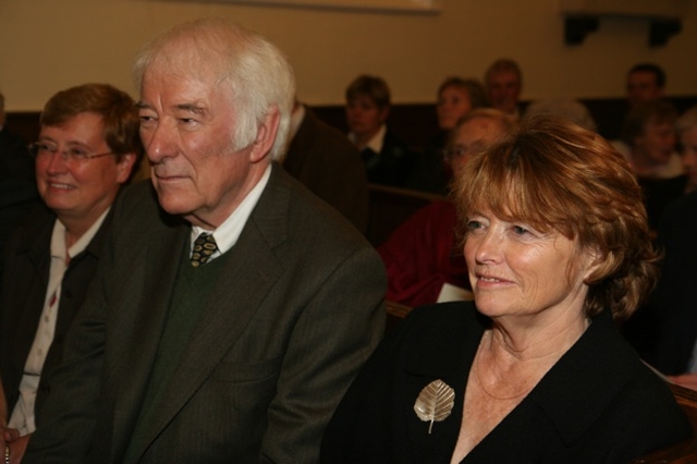 Nobel Laureate Seamus Heaney (Literature 1995) and his wife Marie at the service of thanksgiving and dedication in Nun's Cross Church, Killiskey, near Ashford Co Wicklow. The service saw the re-dedication of newly refurbished stained glass and the dedication of new lighting by the Archbishop of Dublin and Bishop of Glendalough, the Most Revd Dr John Neill. 