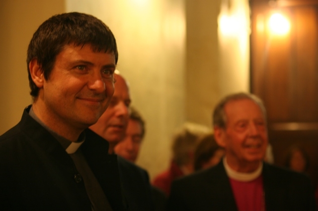 The Revd Jeremy Nicholl, Methodist Minister in Dundrum at the launch of the exhibition 'Lighten our Darkness' in St Nahi's Festival, Dundrum. In the background is the Rt Revd Samuel Pointz, former Bishop of Cork and Connor.