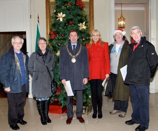 The Revd Ken Rue of the Dublin and Glendalough Council for Mission; Dr Anne Lodge, principal of the Church of Ireland College of Education; the Lord Mayor of Dublin, Oisín Quinn; broadcaster and television presenter, Miriam O’Callaghan; Geoffrey McMaster of the Dublin and Glendalough Council for Mission; and Ger Gallagher of the Office of Evangelisation and Ecumenism of the Archdiocese of Dublin in the Mansion House before the Ecumenical Carol Singing on the steps outside on Saturday December 14. 