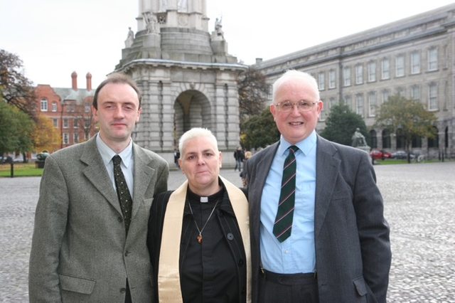 The Revd Sharon Ferguson, Chief Executive of Lesbian & Gay Christian Movement (centre) with Dr Richard O'Leary (left) and the Revd Mervyn Kingston (right) of Changing Attitude Ireland when the Revd Sharon Ferguson visited Trinity College Dublin to preach at Choral Eucharist there.