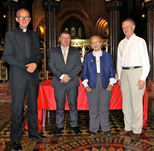 Pictured at the launch of the new biography of Dr Donald Caird are Dean Dermot Dunne, Aonghus Dwane (author), Mrs Justice Catherine McGuinness and Dáithí Ó Maolchoille. 