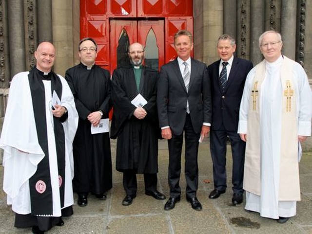 The clergy who were involved in the annual Service of Thanksgiving for the Gift of Sport in St Ann’s Church, Dawson Street, are pictured with the organiser and the preacher. From right to left are: the Vicar of St Ann’s, Canon David Gillespie; the Revd Andrew Dougherty, Methodist Centenary Church; the Revd Alan Boal, Abbey Presbyterian Church; Senator Eamonn Coughlan, who gave the address; Robert Prole, who organises the service; and Fr Michael Foley, St Mac Dara’s College, Templeogue. 