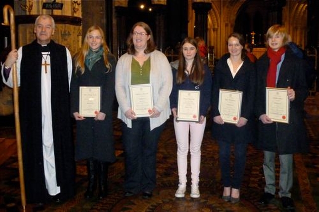 Archbishop Michael Jackson presented certificates to students on the Archbishop of Dublin’s Certificate in Church Music course in Christ Church Cathedral on Sunday November 25. Among those who received the awards were Róisín Rowley–Brooke, Stephanie Maxwell, Róisín Burbridge, Inga Hutchinson and Matthew Breen who are pictured with the Archbishop. 
