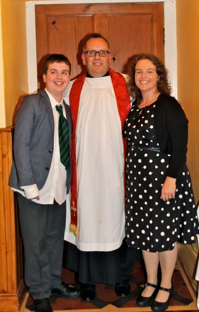 The Revd Brian O’Reilly with his wife Karen and son Cillian following his institution as the new Rector of Rathdrum and Derralossary with Glenealy. 